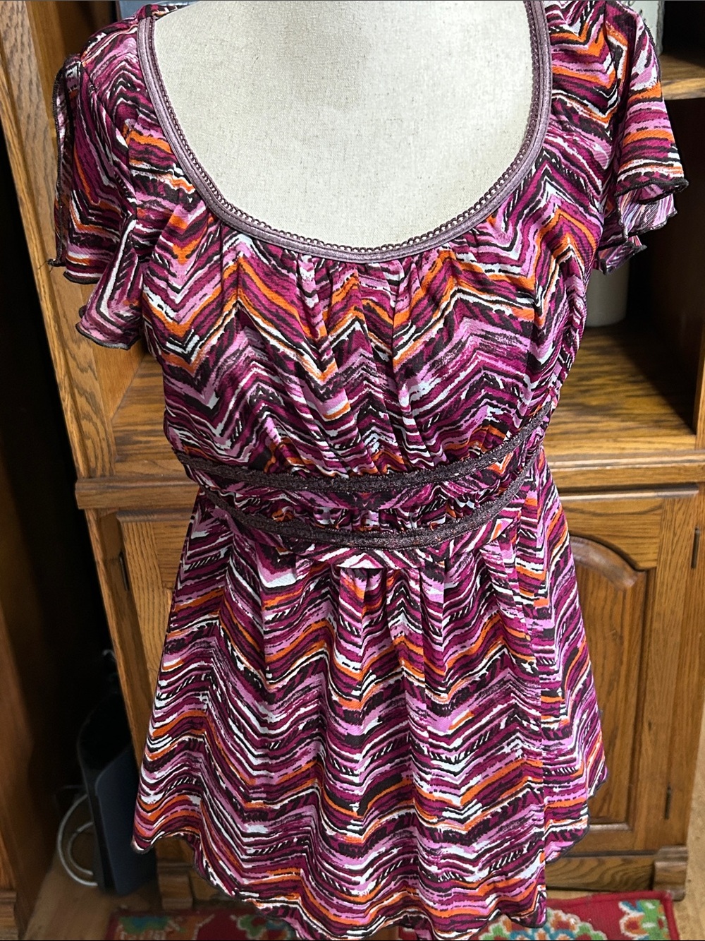 AB Studio Multicolor Chevron-Print Pink & Orange Short Sleeve Blouse Size Large